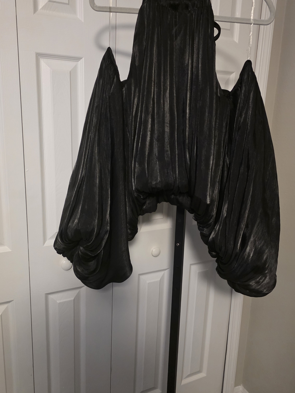 Black Draped Satin Balloon Sleeve Top
